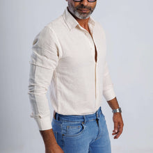 Load image into Gallery viewer, Linen blend slim fit shirt by SOLID in soft beige, featuring long sleeves and buttoned cuffs for a stylish summer look.
