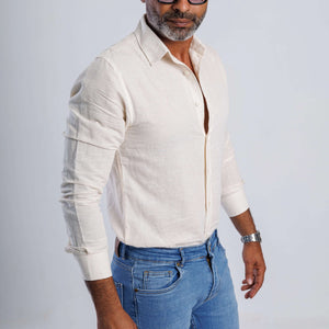 Linen blend slim fit shirt by SOLID in soft beige, featuring long sleeves and buttoned cuffs for a stylish summer look.