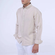 Load image into Gallery viewer, Sahara Breeze™ Linen-Cotton Shirt in Desert Dune beige, slim-fit, long sleeve, breathable fabric for summer style.
