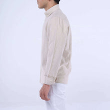 Load image into Gallery viewer, Side view of a man in a Desert Dune Sahara Breeze™ Linen-Cotton Shirt, showcasing its beige color and breathable fabric.
