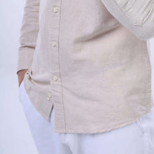 Load image into Gallery viewer, Close-up of Sahara Breeze™ Linen-Cotton Shirt in Desert Dune color, showcasing the lightweight fabric and button details.
