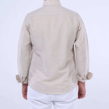 Load image into Gallery viewer, Back view of Sahara Breeze™ Linen-Cotton Shirt in Desert Dune, showcasing its breathable fabric and sleek design.
