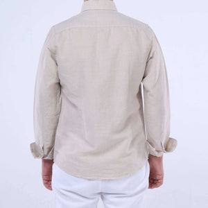 Back view of Sahara Breeze™ Linen-Cotton Shirt in Desert Dune, showcasing its breathable fabric and sleek design.