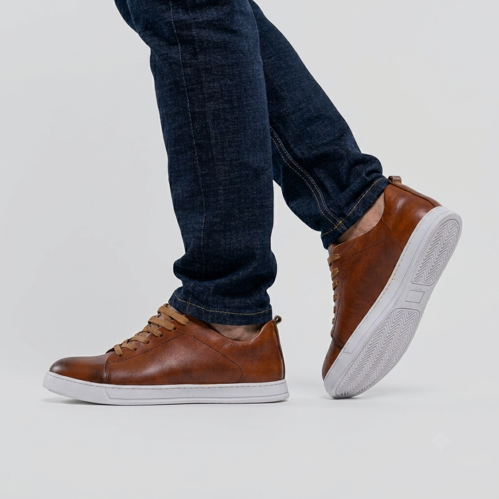 Brown leather sneakers with white soles worn with blue jeans on a light gray background