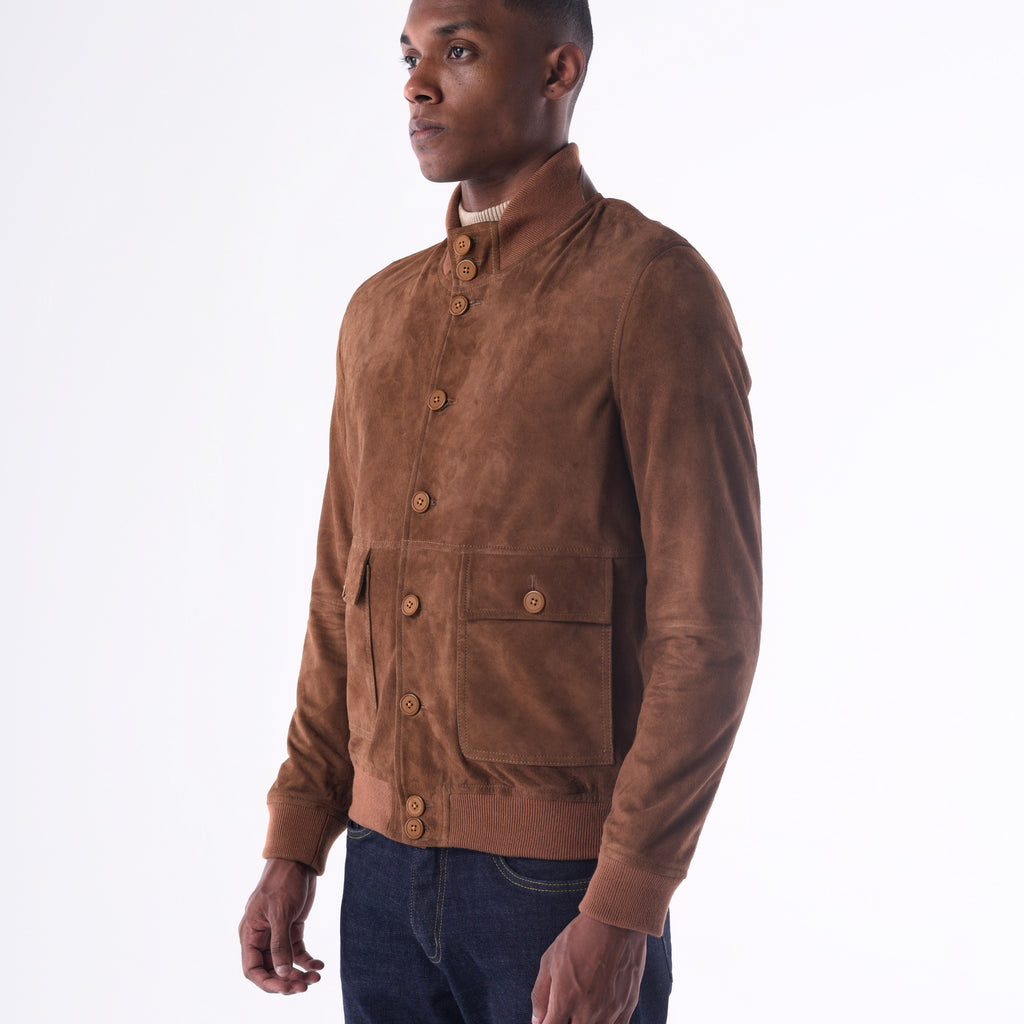 Mens Goat Suede Pilot Jacket by SOLID Essentials, featuring rib-knit collar and button closure, stylish and functional.
