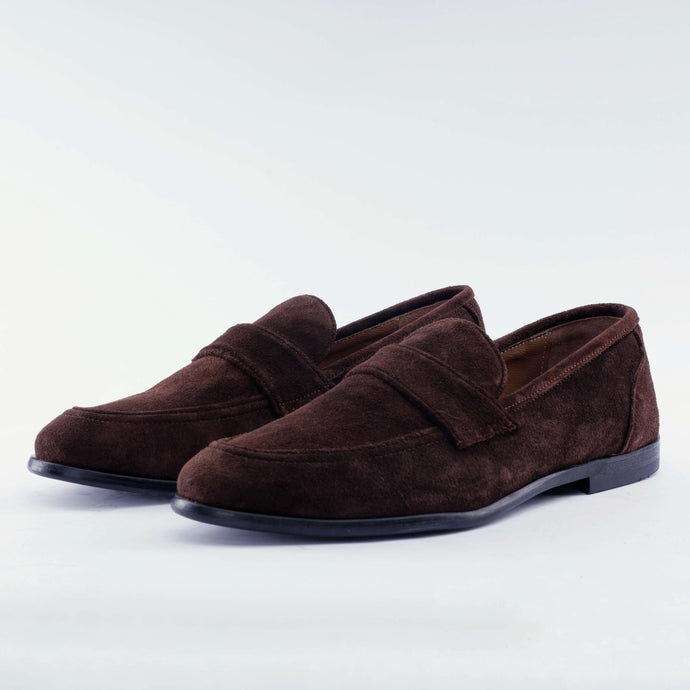 Calf suede strap loafers in brown, handcrafted with premium materials, showcasing timeless craftsmanship and style.
